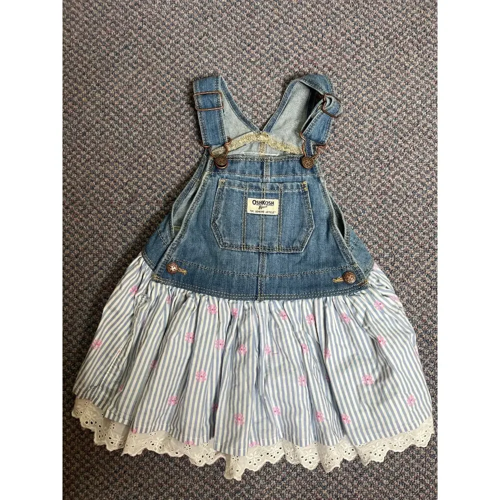 OshKosh Vestbak Denim Overall Dress Blue Striped Lace Trim 24 month
